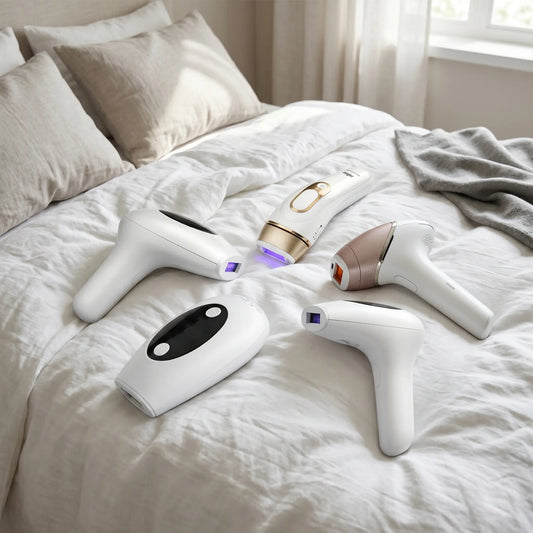 Comparison layout of the 5 best at-home laser hair removal and IPL devices in Pakistan displayed on a white bed