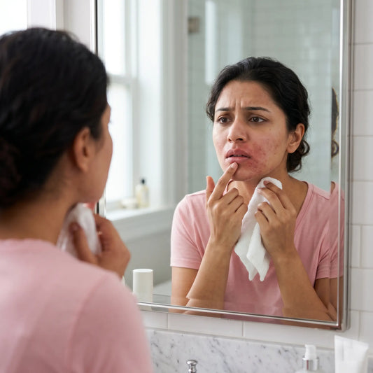A distressed Pakistani woman looking in a bathroom mirror, holding a cold compress to red, irritated skin on her lower face and upper lip, representing first aid for a hair removal cream chemical burn.