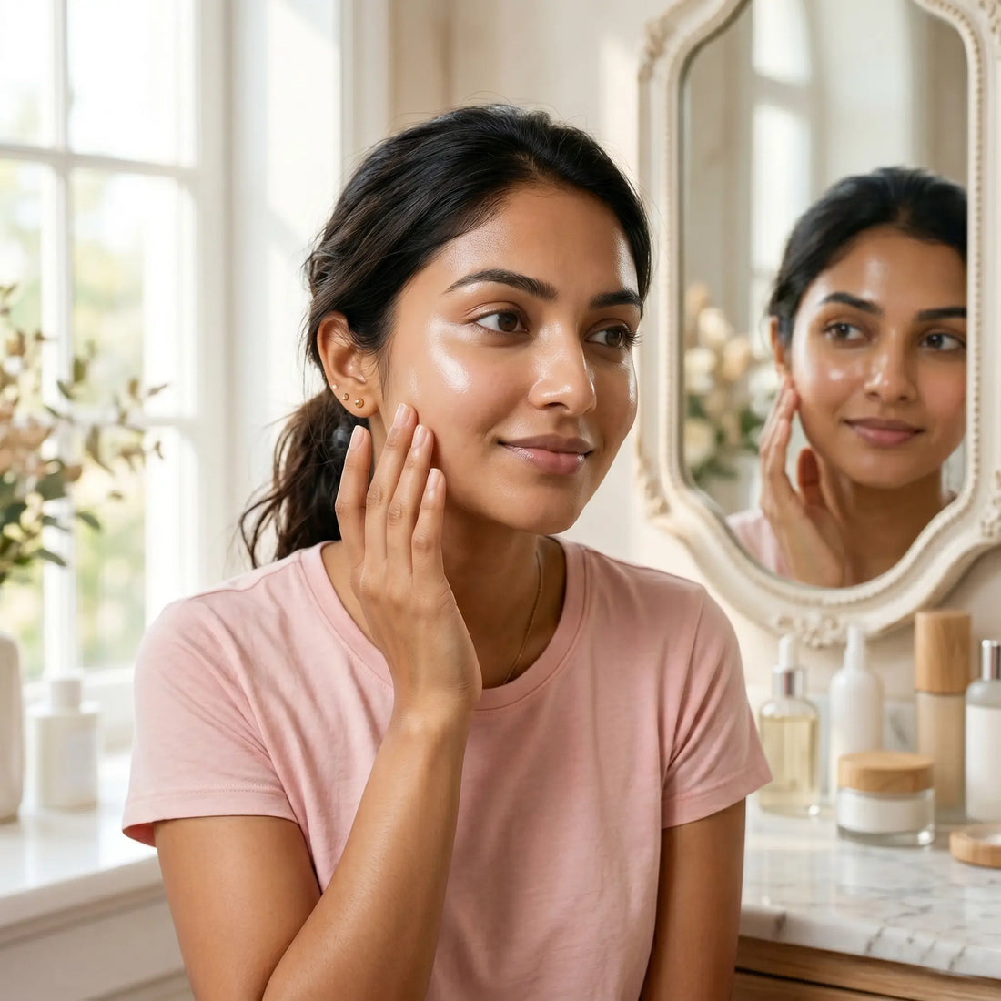 A smiling Pakistani woman with a bright, dewy complexion admiring her clear skin in a bathroom mirror, with various skincare bottles resting on the counter.