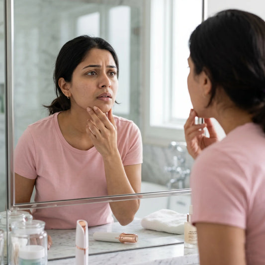 A woman examining her face in the mirror while holding a small, portable electric facial hair trimmer, with skincare products visible on the counter.