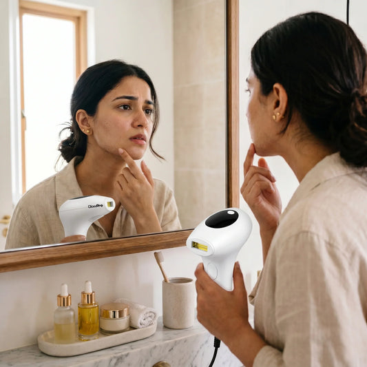 A woman looking concerned in a bathroom mirror, holding a white IPL hair removal device while checking her lower face for hair growth.