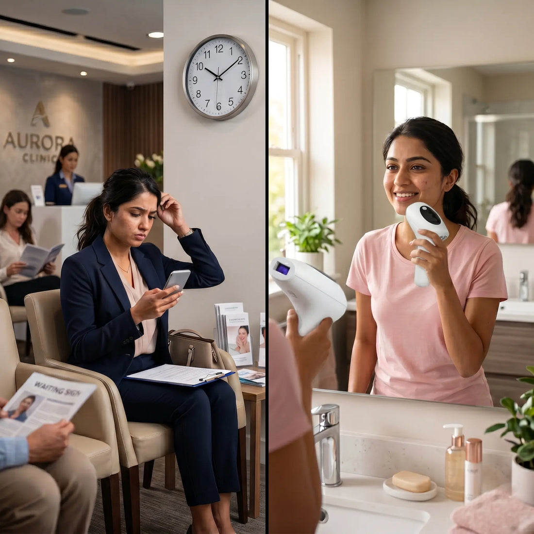 A split-screen comparison: on the left, a frustrated Pakistani woman waits in a clinic lobby; on the right, the same woman smiles while using a handheld IPL device in her own bathroom.