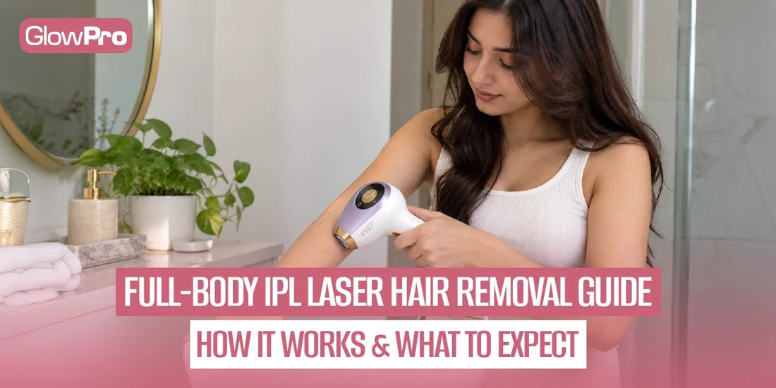 Woman using a GlowPro IPL device for full-body laser hair removal at home, featured in the Full-Body IPL Laser Hair Removal Guide.