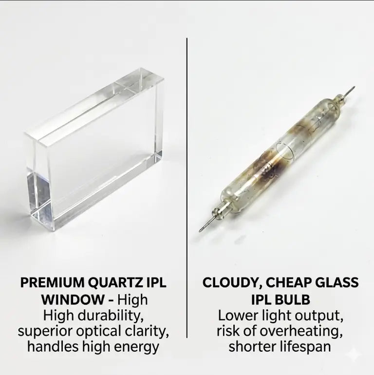 A side-by-side comparison showing a clear, premium quartz IPL window next to a burnt and cloudy cheap glass IPL bulb, highlighting the difference in optical clarity and durability.