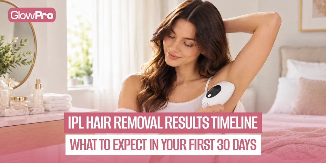 Woman using GlowPro IPL hair removal device on her underarm, illustrating IPL hair removal results timeline and what to expect in the first 30 days.