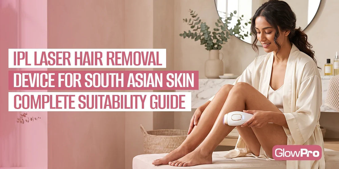 Woman using an IPL laser hair removal device on her leg at home, showing a complete suitability guide for South Asian skin