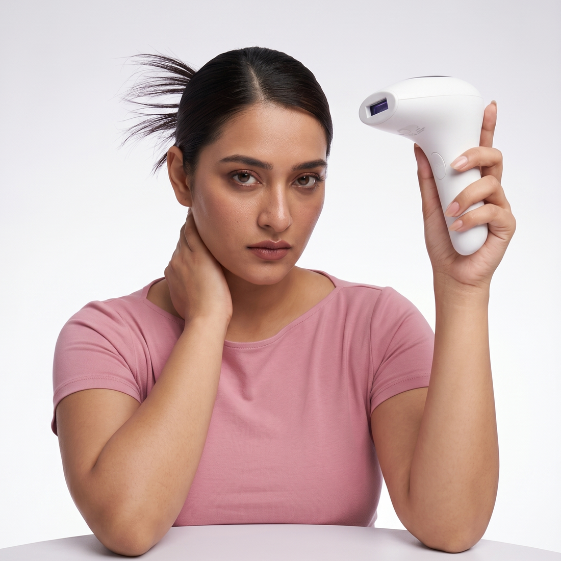 Pakistani woman in a pink shirt demonstrating the GlowPro IPL+ handset for permanent hair removal at home