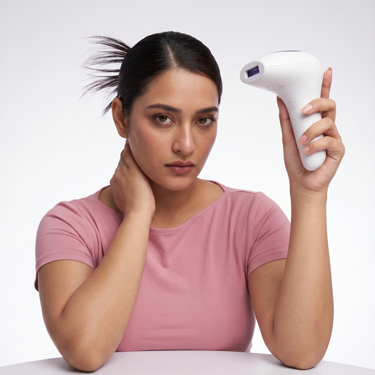 Pakistani woman in a pink shirt demonstrating the GlowPro IPL+ handset for permanent hair removal at home