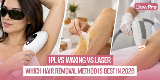 IPL vs waxing vs laser hair removal comparison showing a woman using an at-home GlowPro IPL device, leg waxing, and professional clinic laser treatment in 2026.