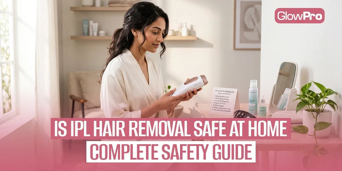 Woman using an IPL hair removal device at home with safety checklist and skincare products for safe at-home IPL treatment