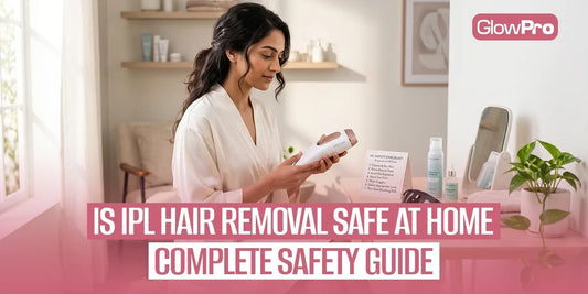 Woman using an IPL hair removal device at home with safety checklist and skincare products for safe at-home IPL treatment