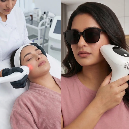Side-by-side comparison of an expensive aesthetic clinic laser hair removal session in Pakistan versus a convenient, cost-effective at-home IPL treatment using the GlowPro IPL+ handset.