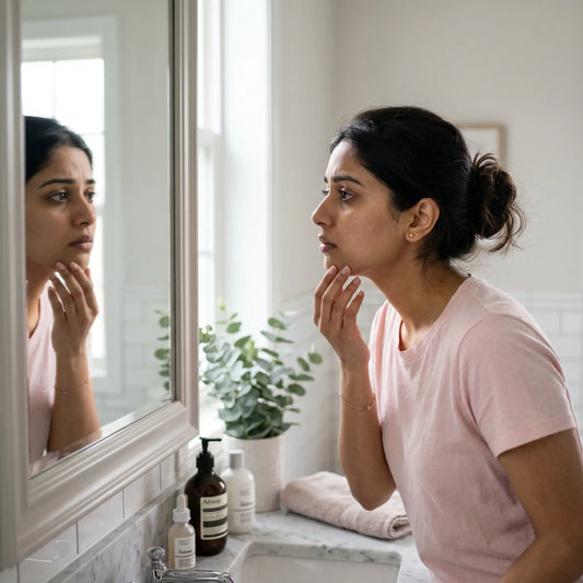 A South Asian Pakistani woman looking into a bathroom mirror with concern, checking her chin and jawline for facial hair, representing the anxiety of hirsutism and PCOS.