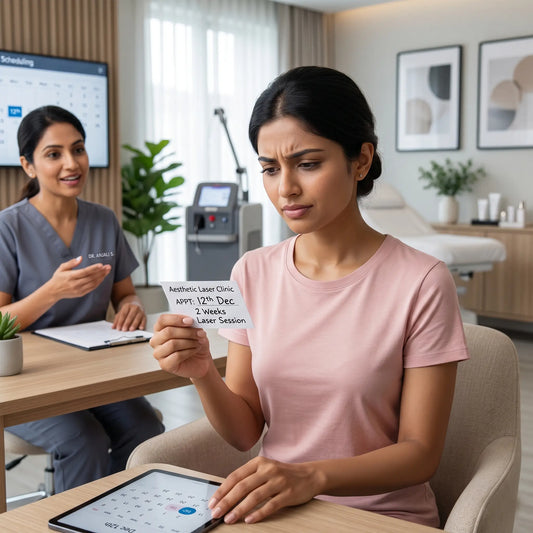 A woman looking concerned at a clinic appointment calendar, representing laser hair removal scheduling confusion and interval timing.