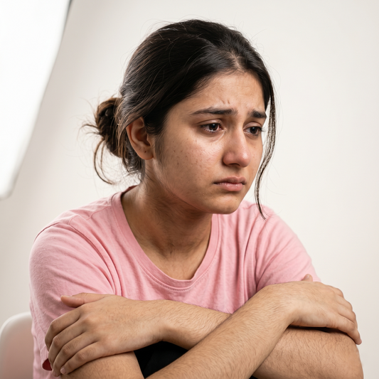 A distressed Pakistani woman hugging her arms, portraying the emotional toll and insecurity of dealing with visible body hair