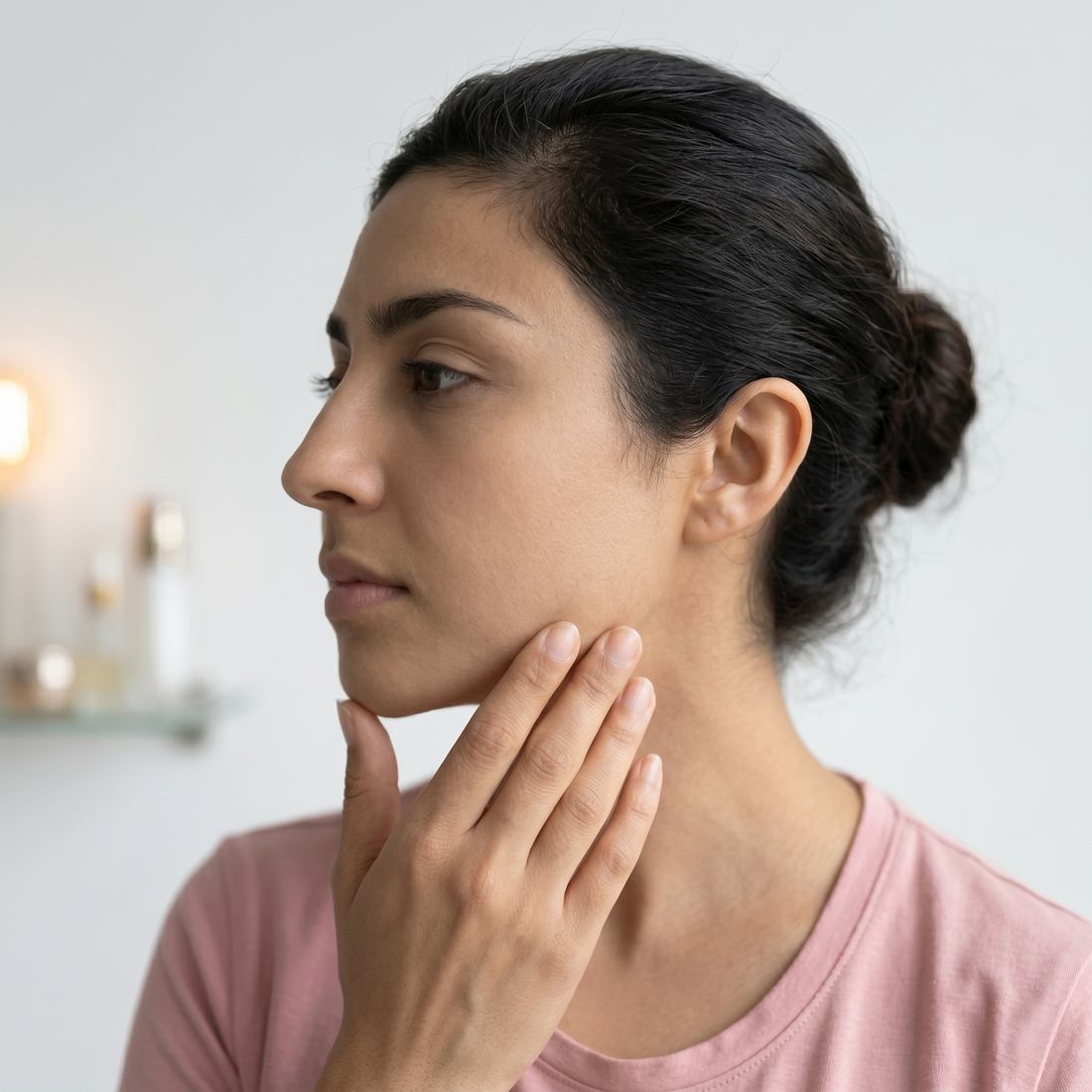 South Asian Pakistani woman looking thoughtfully to the side while gently touching her jawline and neck
