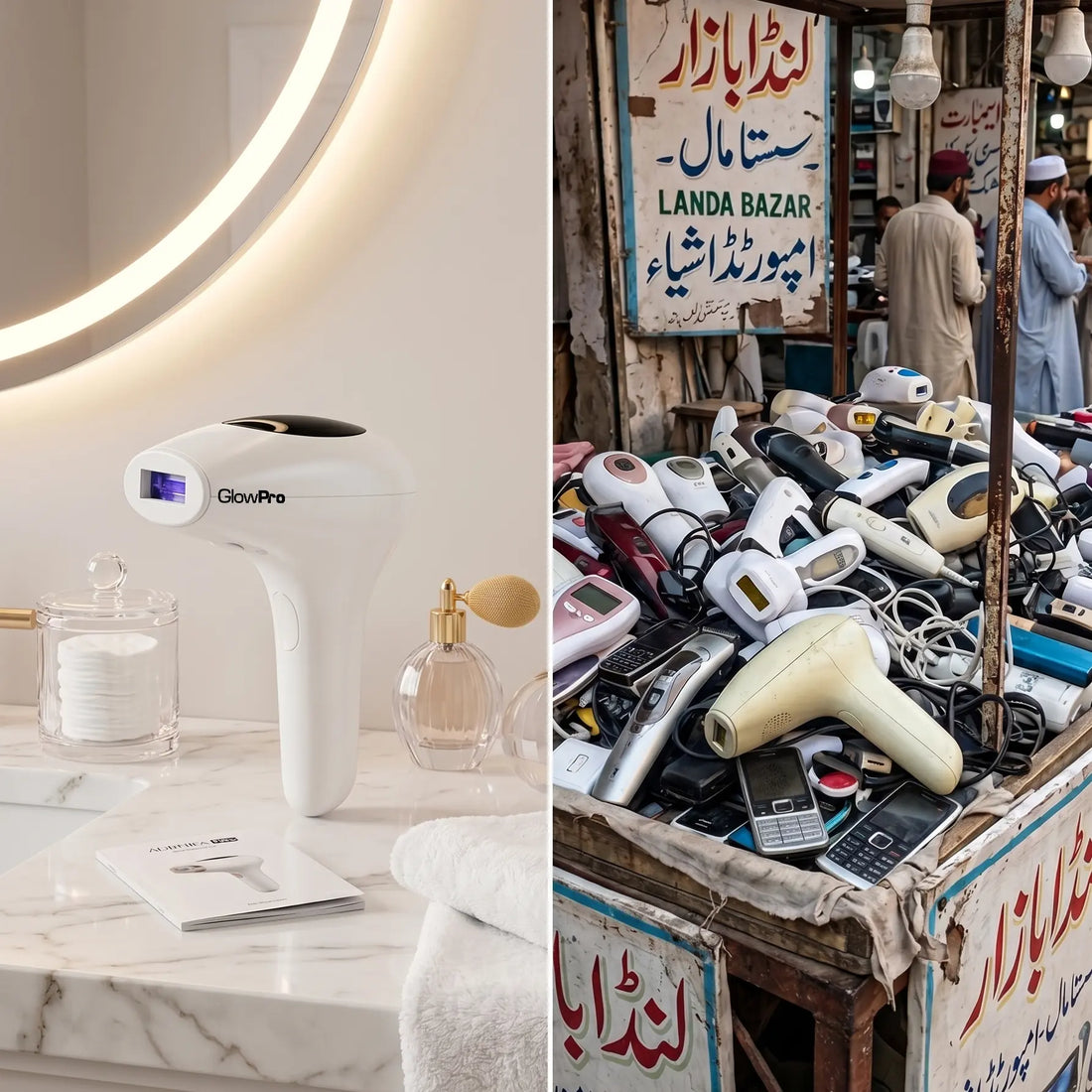 A side-by-side comparison of the premium medical-grade GlowPro IPL+ handset on a clean marble vanity versus cheap, unbranded hair removal devices piled on a stall in a Pakistani Landa Bazar