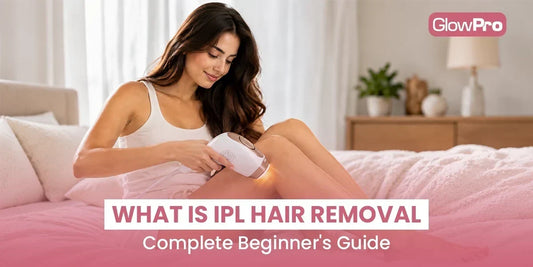 Woman using an IPL hair removal device on her leg at home, illustrating a beginner's guide to IPL hair removal treatment