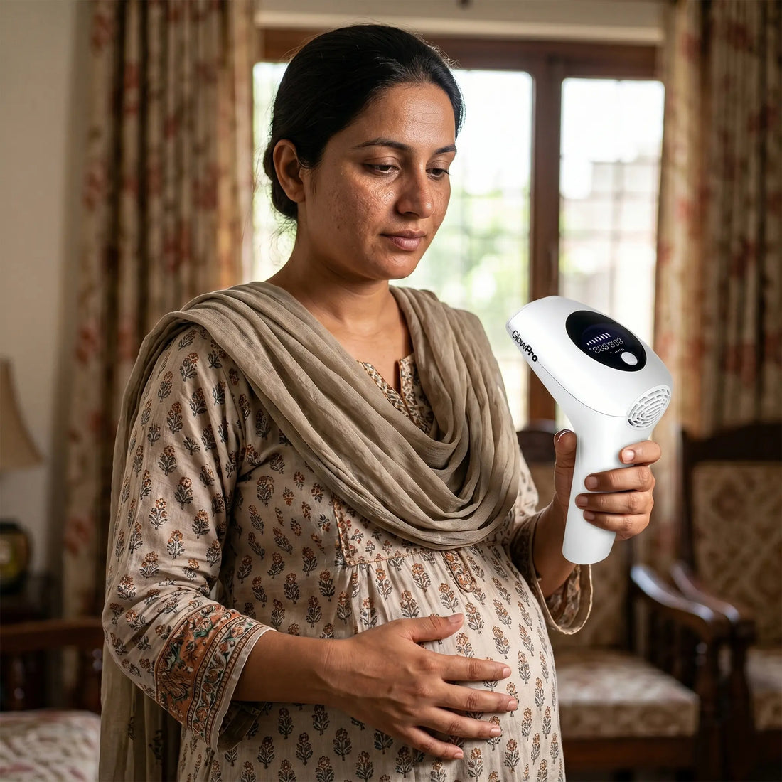 a Pakistani pregnant woman thoughtfully holding her GlowPro IPL+ handset, researching if it is safe to use the best IPL device in Pakistan for hair removal during pregnancy.
