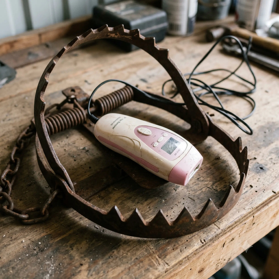 A cheap, unbranded IPL hair removal device sitting inside a rusty metal bear trap, symbolizing the financial trap of buying knockoff laser devices without a result warranty.