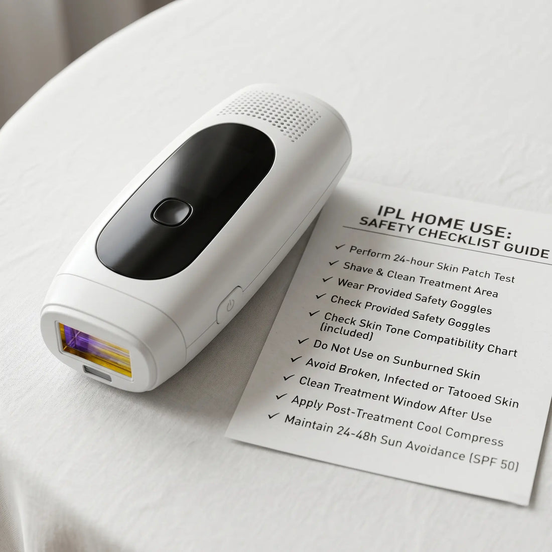 A premium GlowPro IPL handset resting next to a printed pre- and post-IPL safety checklist, highlighting the importance of skin preparation for at-home laser hair removal.