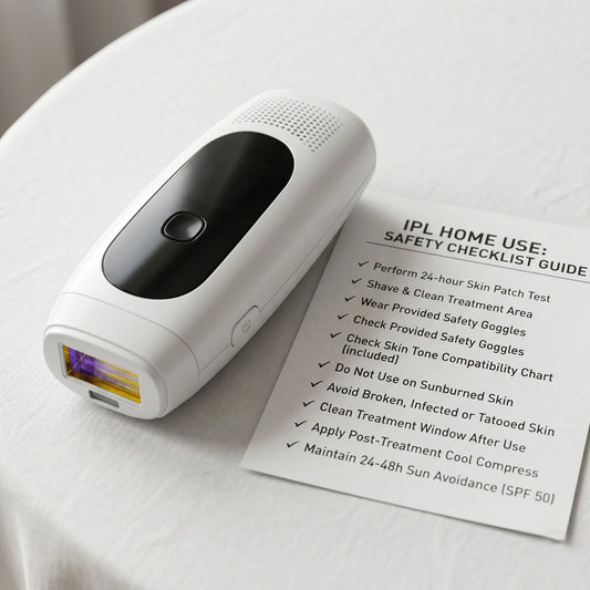 A premium GlowPro IPL handset resting next to a printed pre- and post-IPL safety checklist, highlighting the importance of skin preparation for at-home laser hair removal.