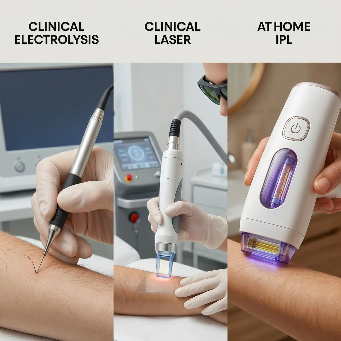 A side-by-side comparison of the three main permanent hair removal methods: a clinical electrolysis needle, a professional clinic laser, and glowpros at-home IPL handset.