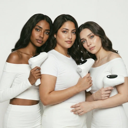 Three models with diverse South Asian skin tones holding GlowPro IPL handsets, demonstrating safe hair removal for different skin types