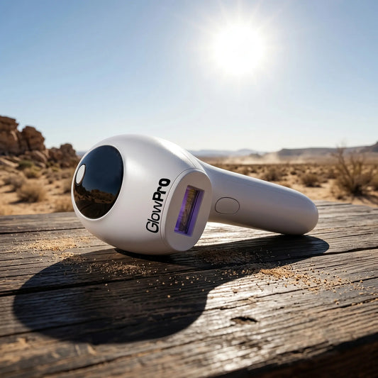 The GlowPro at-home IPL handset resting under bright summer sunlight, illustrating the importance of managing UV exposure and following sun safety rules during laser hair removal.