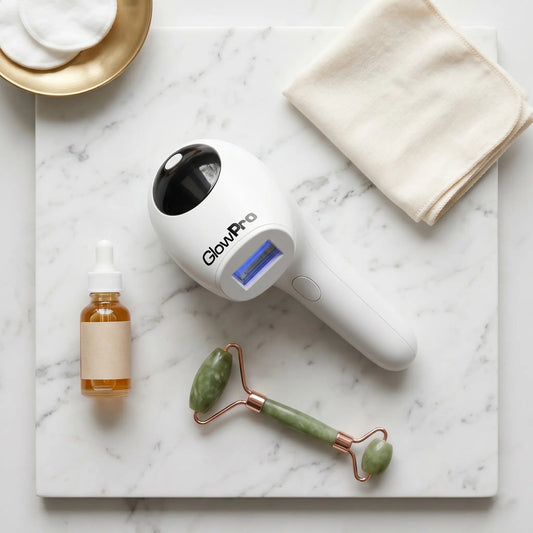GlowPro IPL+ handset on a marble surface alongside premium, simple skincare accessories. The best and safest ipl hair removal device in pakistan.