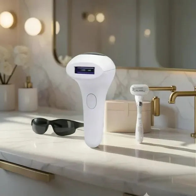 A sleek white GlowPro IPL handset standing on a modern marble bathroom vanity next to protective glasses and a razor, ready for a private at-home hair removal routine.