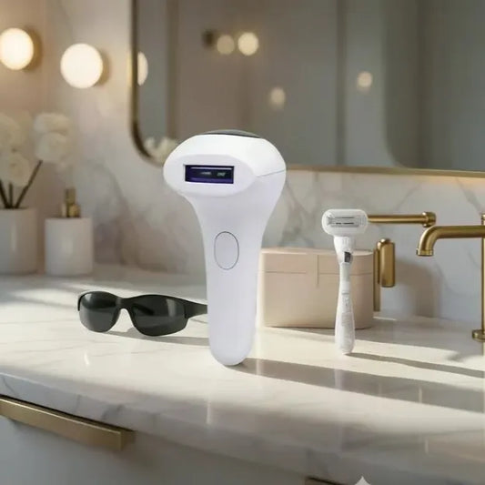 A sleek white GlowPro IPL handset standing on a modern marble bathroom vanity next to protective glasses and a razor, ready for a private at-home hair removal routine.