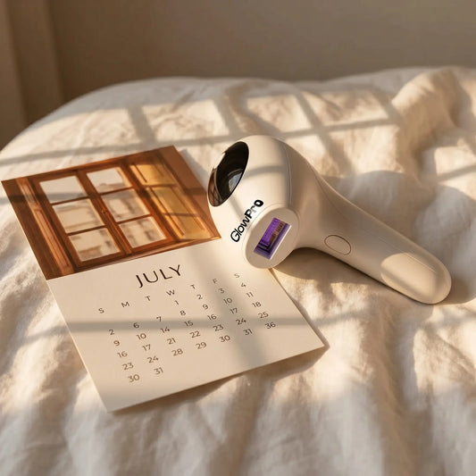 A GlowPro IPL handset resting on a bed next to a monthly calendar, illustrating the importance of following a consistent at-home laser hair removal schedule for permanent results.
