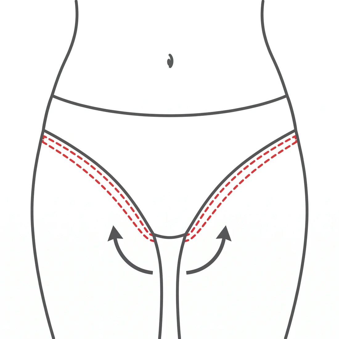 Line diagram illustrating the bikini line and outer edges with red dashed lines, defining the safe, targeted application path for at-home IPL hair removal devices to avoid sensitive inner mucosal tissue.