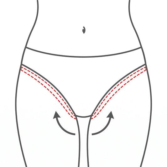 Line diagram illustrating the bikini line and outer edges with red dashed lines, defining the safe, targeted application path for at-home IPL hair removal devices to avoid sensitive inner mucosal tissue.