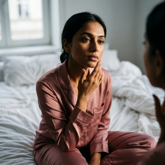 A Pakistani woman in pink loungewear sitting on a bed and checking her skin in a mirror, feeling frustrated because her clinical laser hair removal is not working