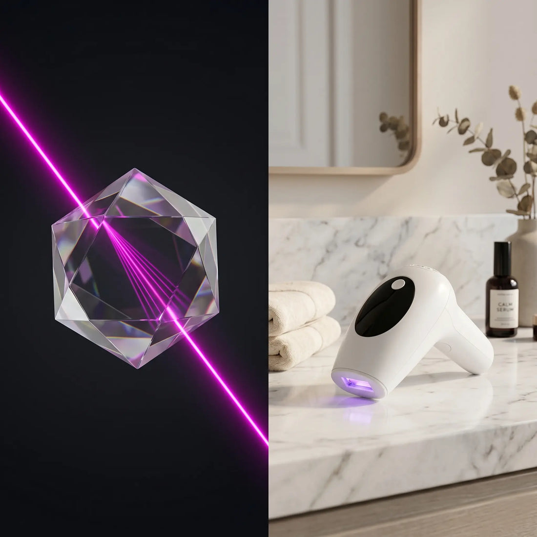 Split-screen graphic comparing clinical laser vs ipl at home. Left side shows a focused laser beam through a prism; right side features the white and rose gold GlowPro IPL+ handset resting on a modern marble vanity.
