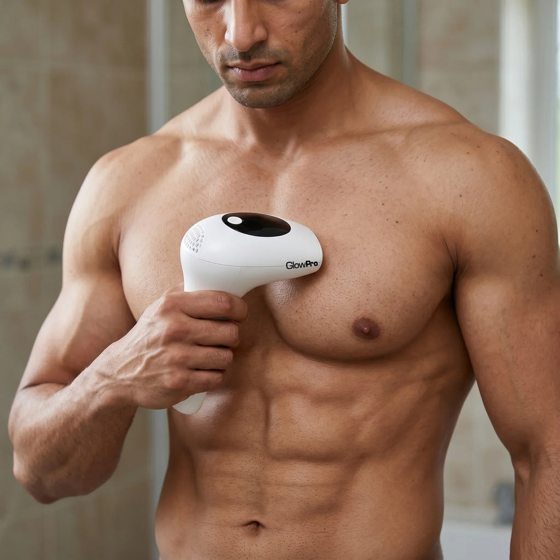 A fit, muscular man using the GlowPro at-home IPL device on his chest, illustrating how male laser hair removal permanently eliminates thick body hair to highlight muscle definition for Pakistani men.