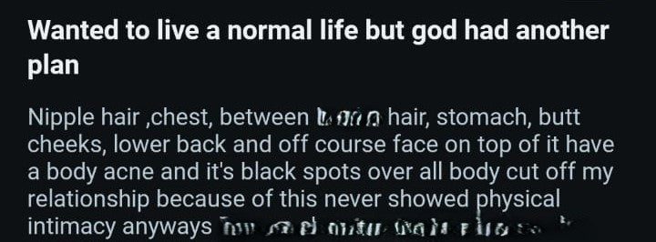 A screenshot of a Hirsutism Reddit post detailing severe body hair and acne anxiety, highlighting the real-world hormonal hair struggles solved privately by the GlowPro at-home IPL hair removal device in Pakistan.