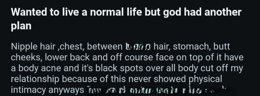 A screenshot of a Hirsutism Reddit post detailing severe body hair and acne anxiety, highlighting the real-world hormonal hair struggles solved privately by the GlowPro at-home IPL hair removal device in Pakistan.