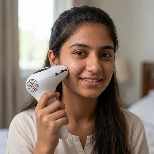 A smiling teenage Pakistani girl using the GlowPro IPL handset on her cheek in a softly lit bedroom setting.