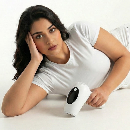 Pakistani woman holding GlowPro IPL+ hair removal handset