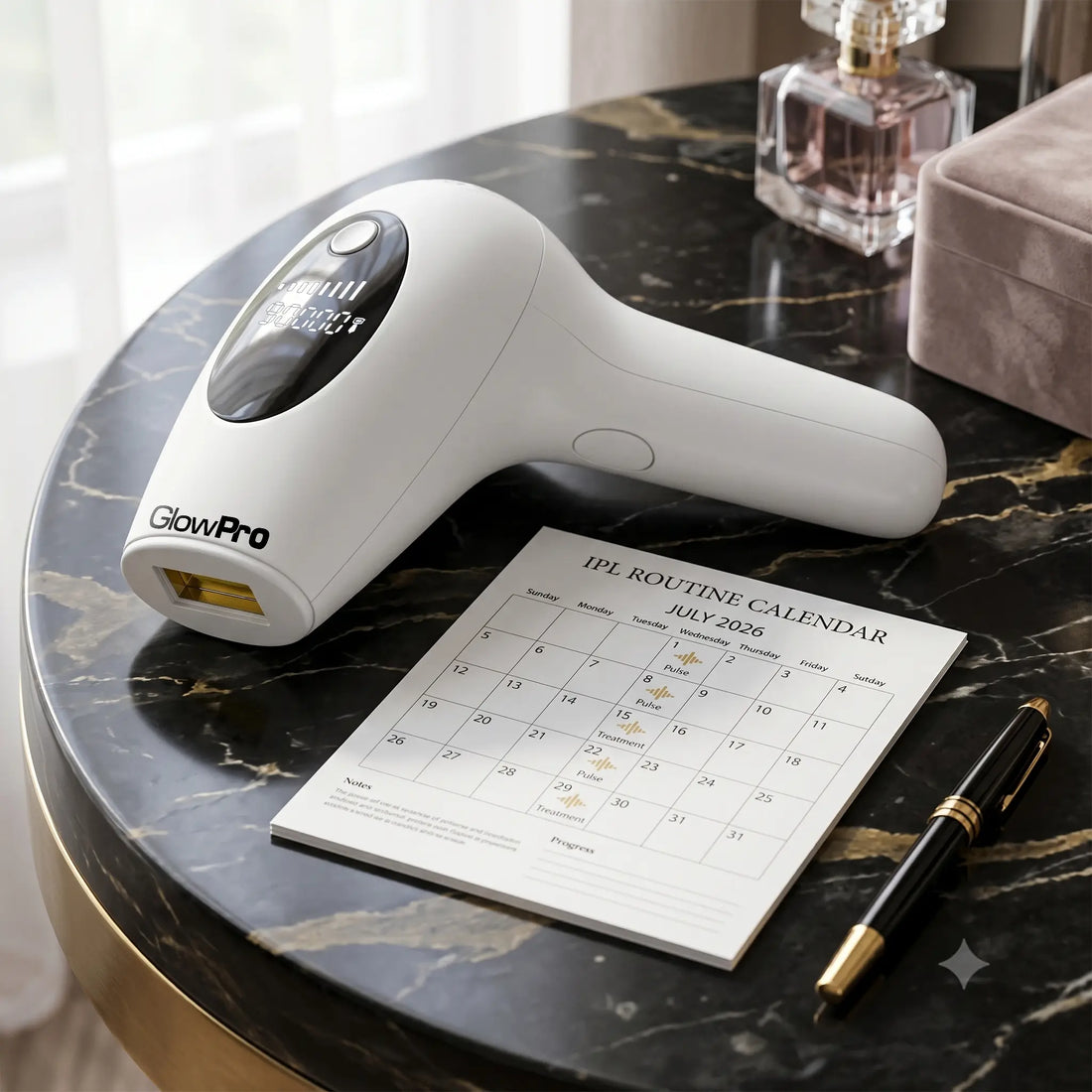 A white GlowPro IPL hair removal handset resting on a black marble vanity next to a printed IPL routine calendar, illustrating the treatment schedule required for permanent hair reduction.